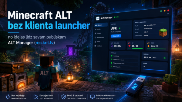 Minecraft ALT Manager titulattēls ar Minecraft pasauli, ALT profilu AFK režīmā un vadības paneli bez nepieciešamības darbināt Minecraft klientu vai launcher.