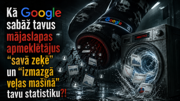 Tumšs, reālistisks horror stila titulattēls: milzīga zeķe ar Google motīvu iesūc mājaslapu apmeklētājus, bet blakus veļas mašīna ar uzrakstu “Analytics” virpulī “izmazgā” statistikas grafikus un atskaites.