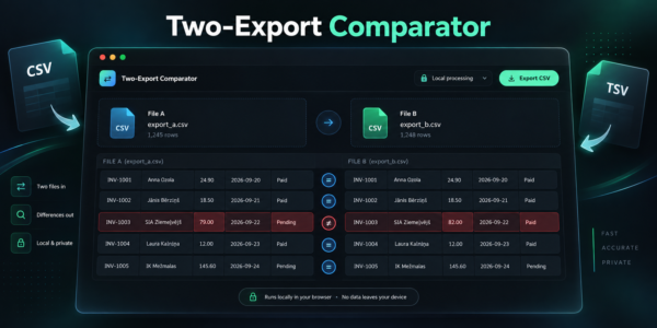 Two-Export Comparator rīks CSV un TSV failu salīdzināšanai pārlūkā